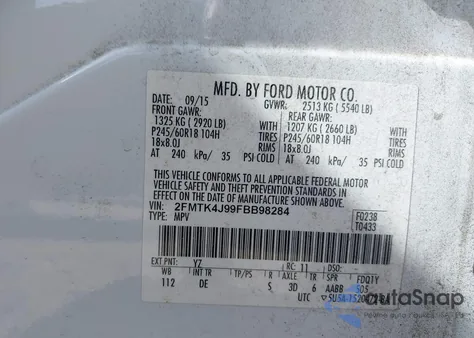 2015 Ford Edge Sel из США, поврежденный, VIN 2FMTK4J99FBB98284